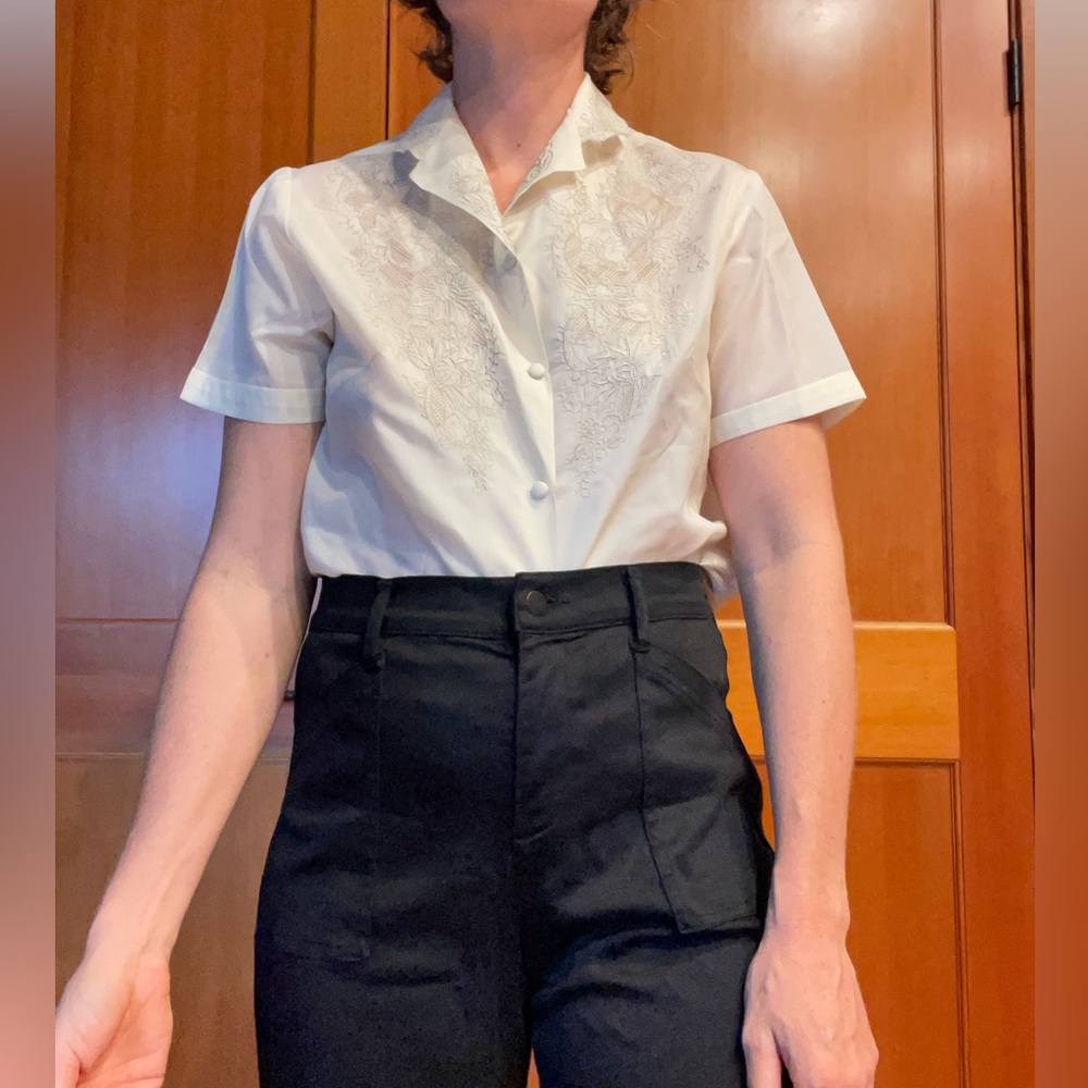 Vintage Cream Short Sleeve Embroidered Blouse